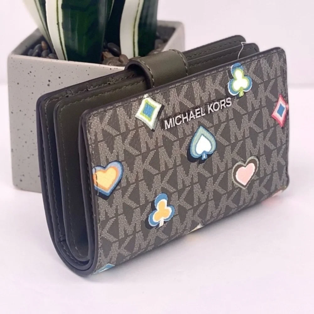 Michael Kors Multicolor Patterned Bifold Medium Wallet Olive